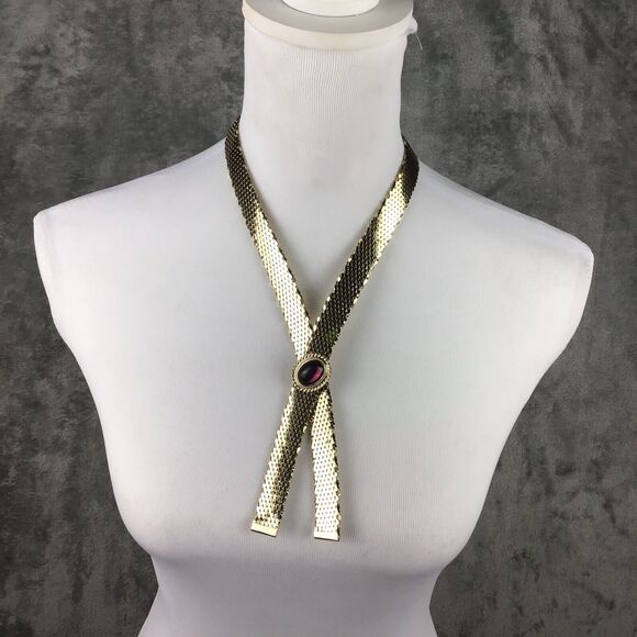 Vintage Goldtone Mesh Collar Necklace Pink Stone Center Snap Fashion Jewelry 28" - Picture 7 of 16